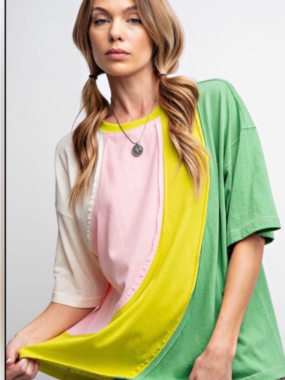 easel Pink, Lime & Green Colorblock Short Sleeve Tee